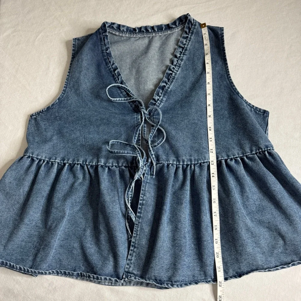 Blue Denim Ruffle Bottom Vest Tie Front Tank Top Cottagecore Boho Womens Large